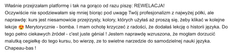 Oryginalny zrzut wiadomości z opinią o platformie kursowej