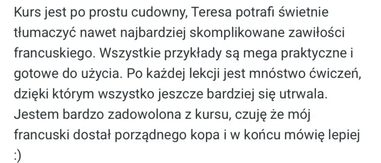 Oryginalny zrzut opinii Dominiki Stasiak o kursie