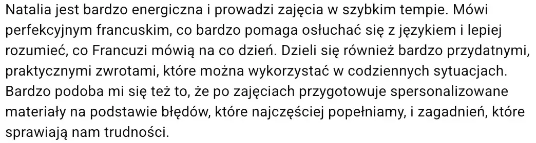 Opinia Daryi o zajęciach z Natalią Budnik